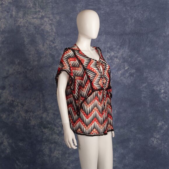 Milly Red Blue White Gold Silk Blend Sheer Blouse Pom-Poms Sz 6 - Picture 2 of 4